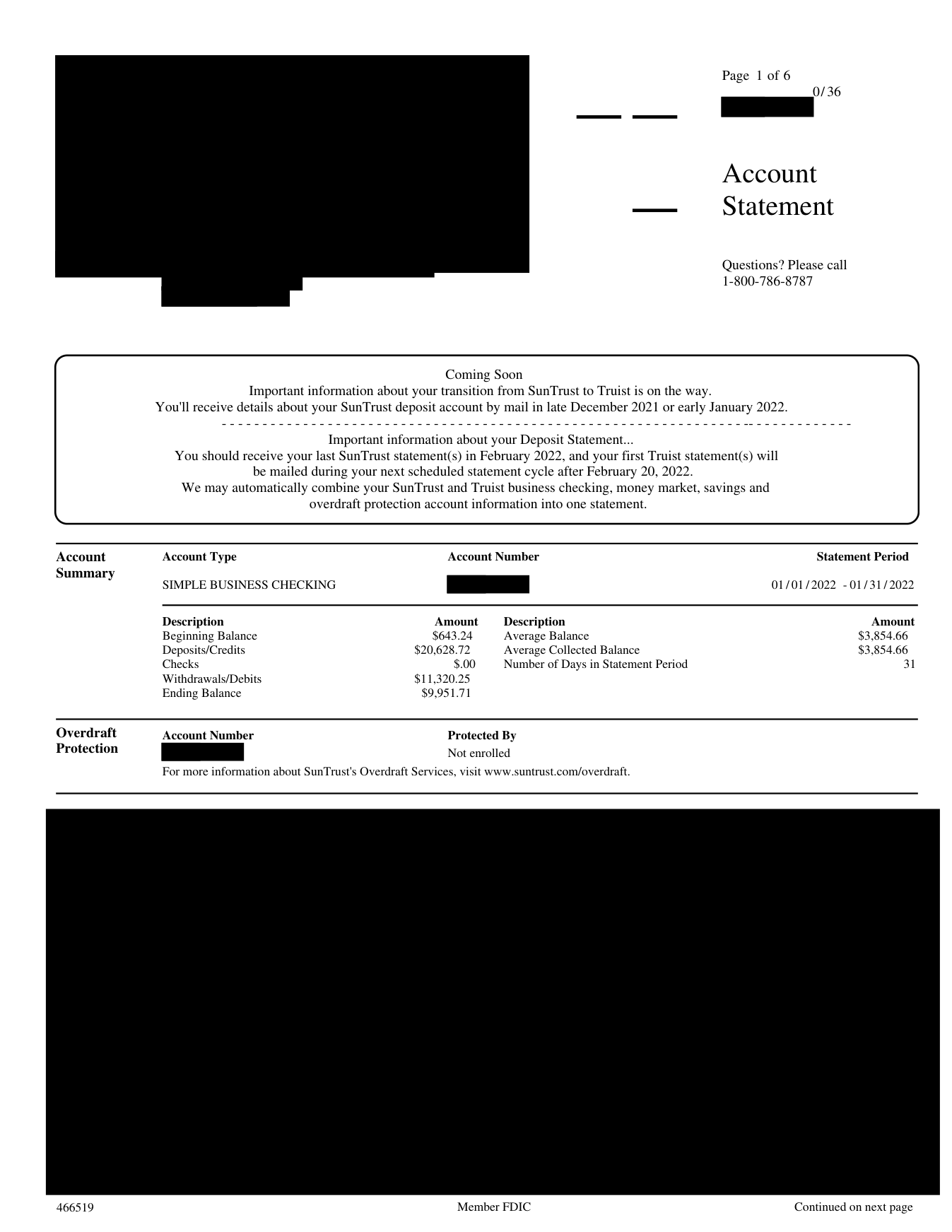 Redacted SunTrust business checking statement summary, January 2022