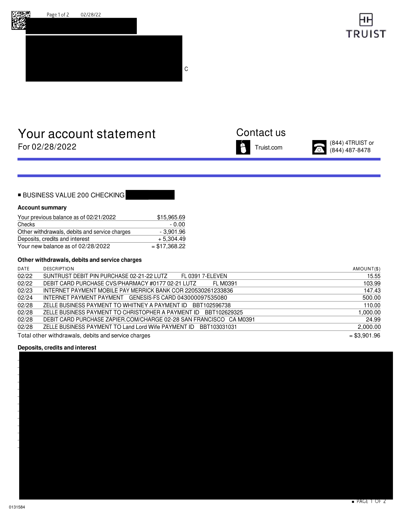 Redacted bank statement summary, period ending February 2022