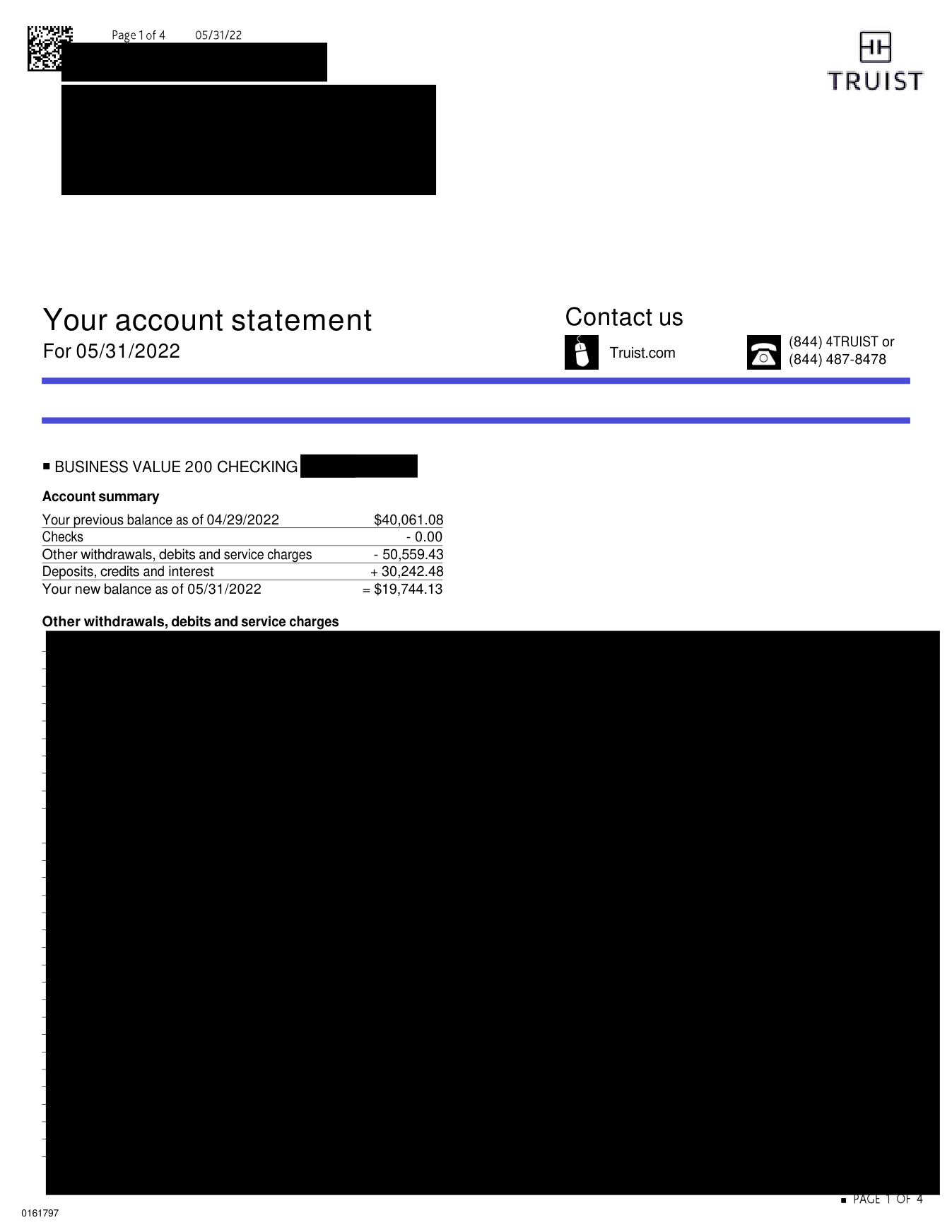 Redacted Truist business checking statement summary, period ending May 2022